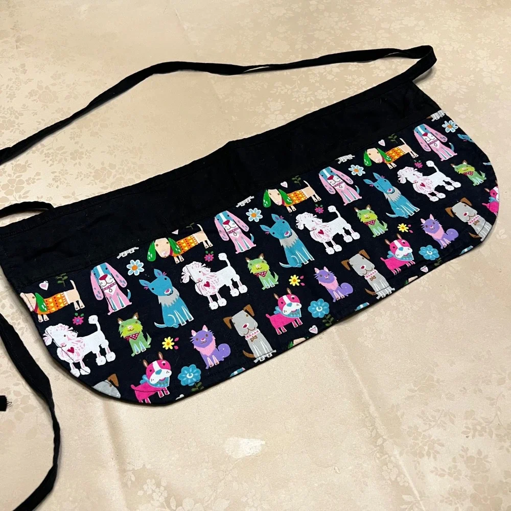 Handmade Dog Print Half Apron 3 Pockets Groomer Server Teacher Black Multi Color